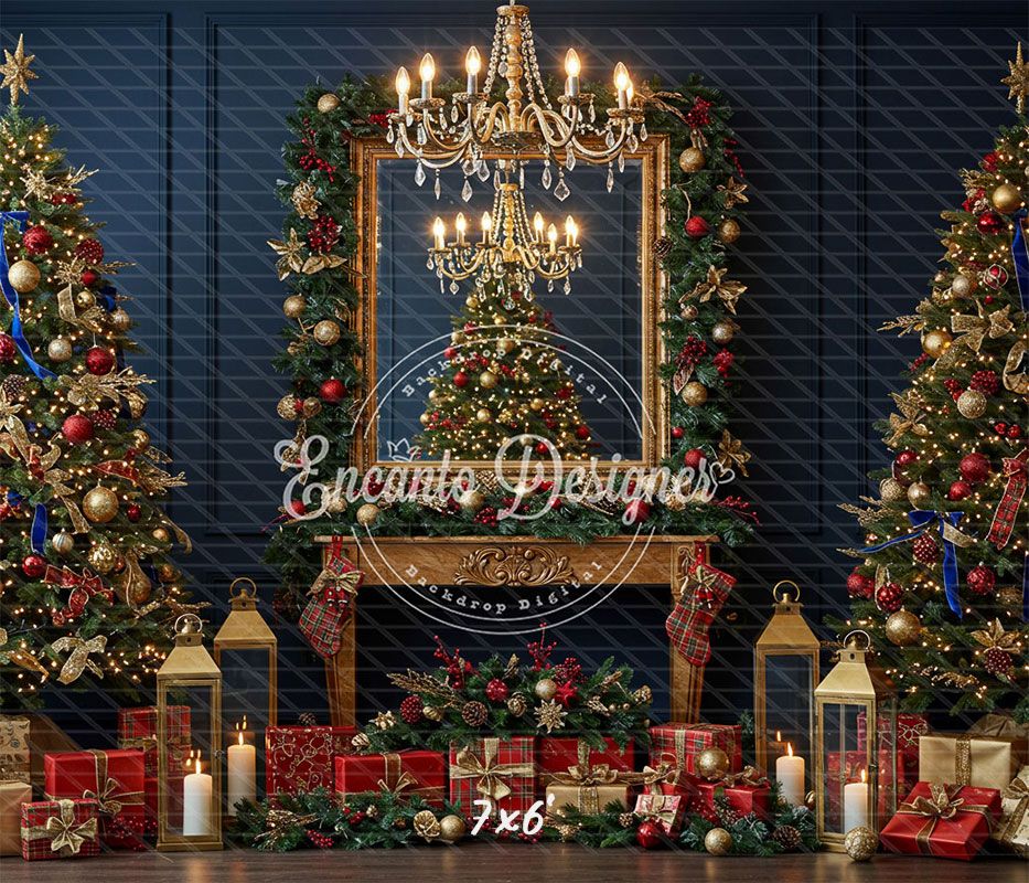 Chandelier Fireplace Trees Gifts Luxury Christmas Backdrop - Layoris