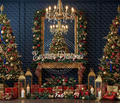 Chandelier Fireplace Trees Gifts Luxury Christmas Backdrop - Layoris