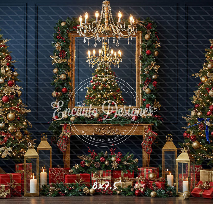 Chandelier Fireplace Trees Gifts Luxury Christmas Backdrop - Layoris