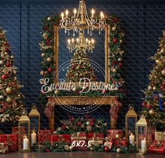 Chandelier Fireplace Trees Gifts Luxury Christmas Backdrop - Layoris