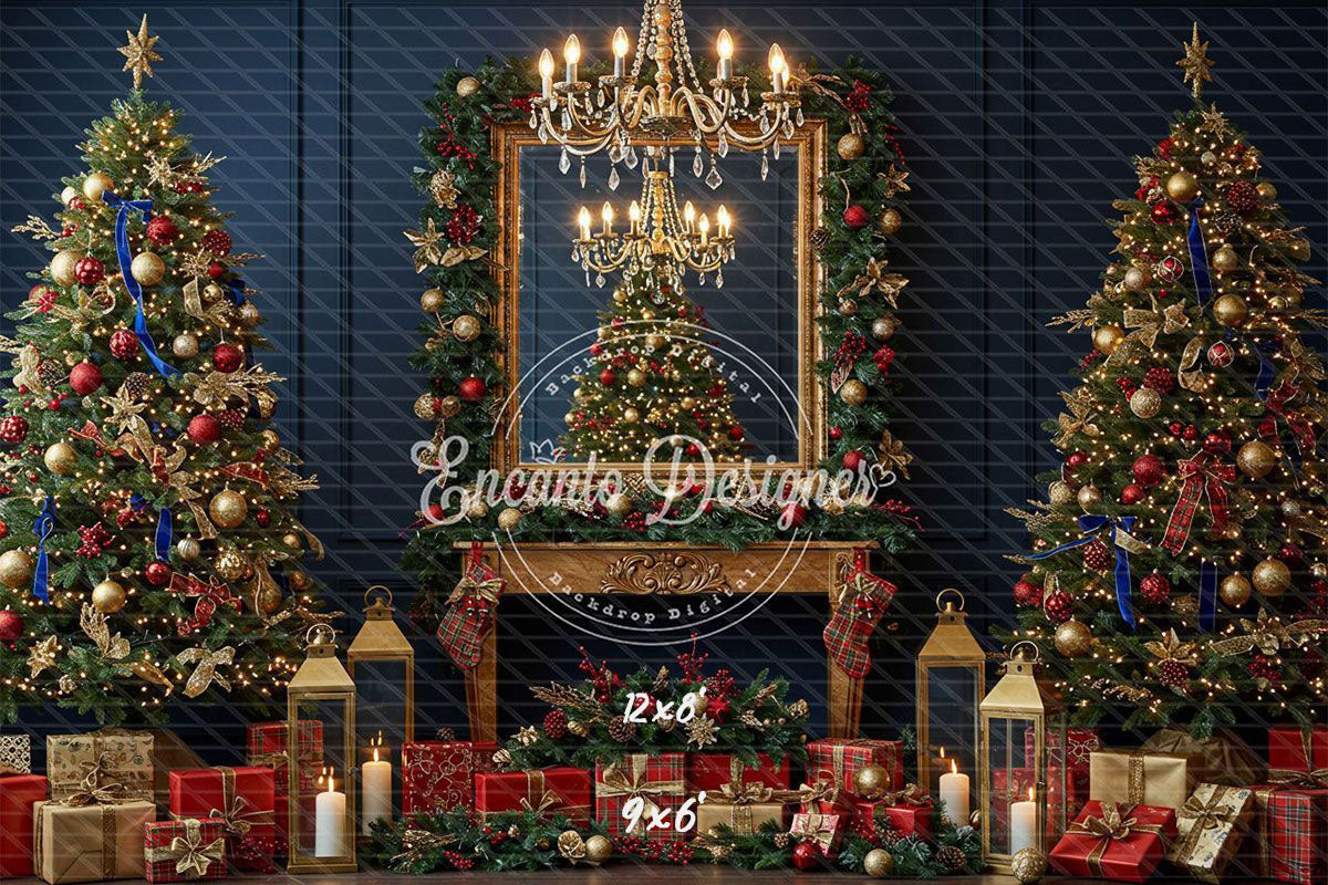 Chandelier Fireplace Trees Gifts Luxury Christmas Backdrop - Layoris