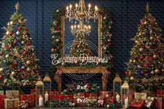 Chandelier Fireplace Trees Gifts Luxury Christmas Backdrop - Layoris