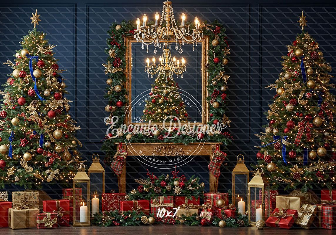 Chandelier Fireplace Trees Gifts Luxury Christmas Backdrop - Layoris