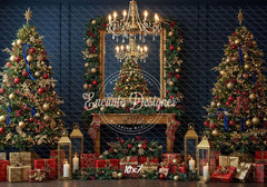 Chandelier Fireplace Trees Gifts Luxury Christmas Backdrop - Layoris