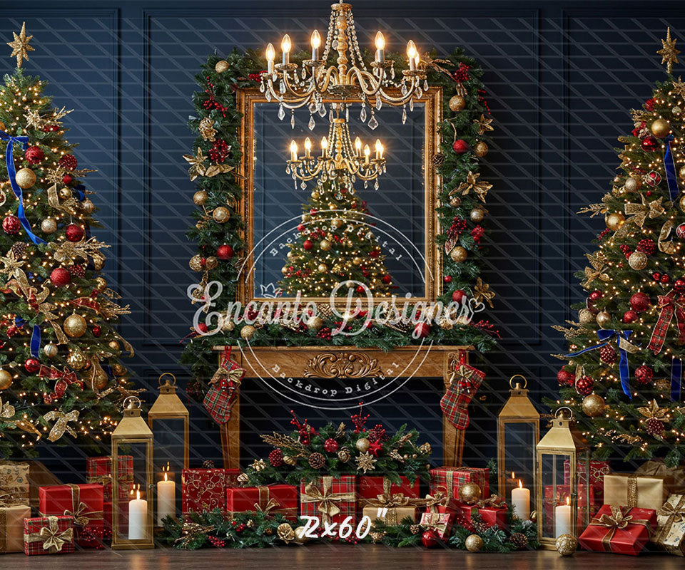Chandelier Fireplace Trees Gifts Luxury Christmas Backdrop - Layoris