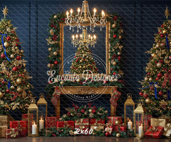 Chandelier Fireplace Trees Gifts Luxury Christmas Backdrop - Layoris