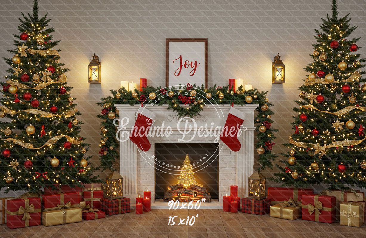 Luxury Fireplace Trees Gifts Christmas Backdrop - Layoris