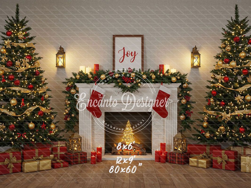 Luxury Fireplace Trees Gifts Christmas Backdrop - Layoris