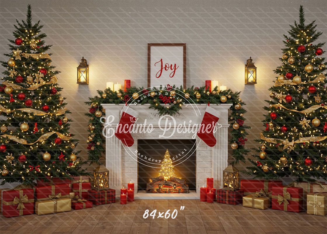 Luxury Fireplace Trees Gifts Christmas Backdrop - Layoris