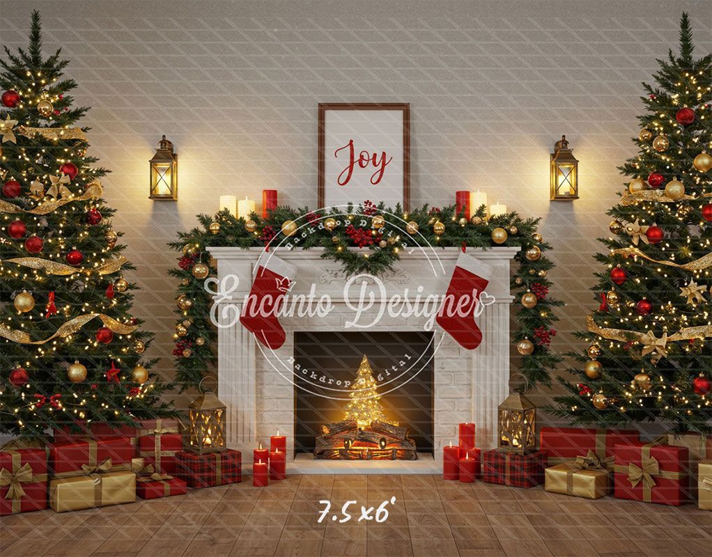 Luxury Fireplace Trees Gifts Christmas Backdrop - Layoris