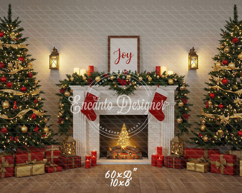 Luxury Fireplace Trees Gifts Christmas Backdrop - Layoris