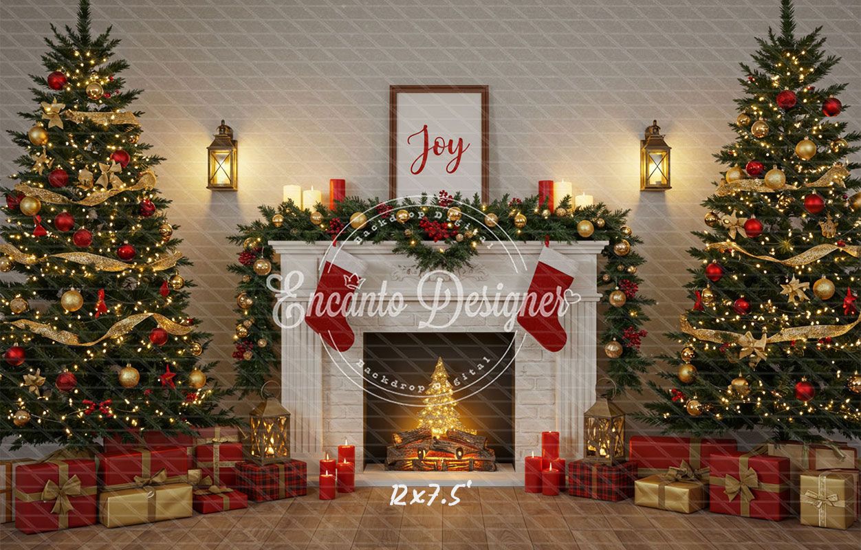 Luxury Fireplace Trees Gifts Christmas Backdrop - Layoris
