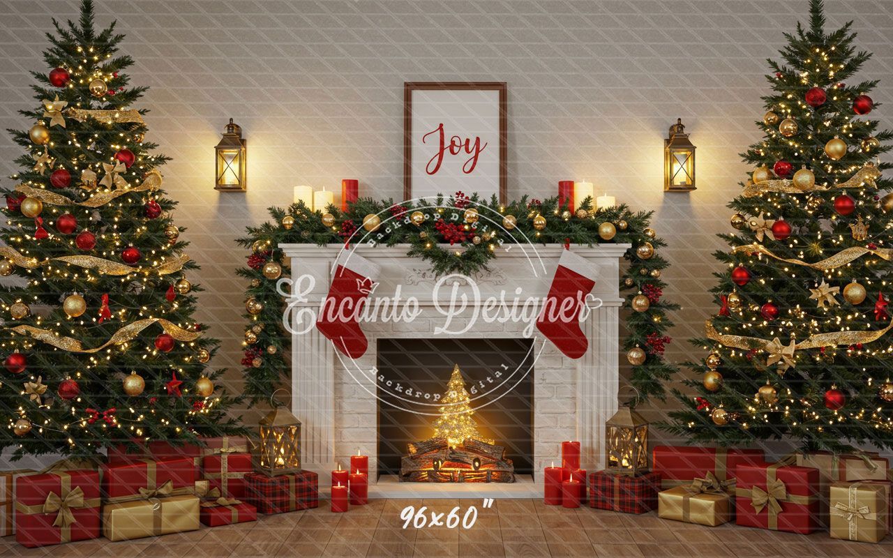 Luxury Fireplace Trees Gifts Christmas Backdrop - Layoris
