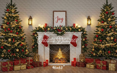Luxury Fireplace Trees Gifts Christmas Backdrop - Layoris