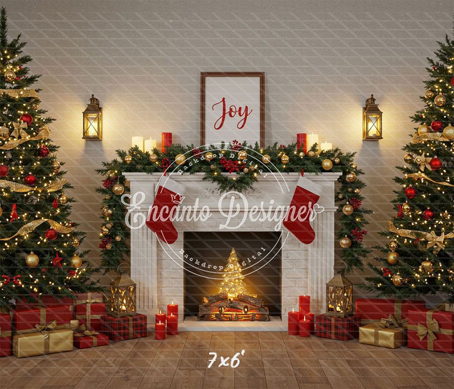 Luxury Fireplace Trees Gifts Christmas Backdrop - Layoris