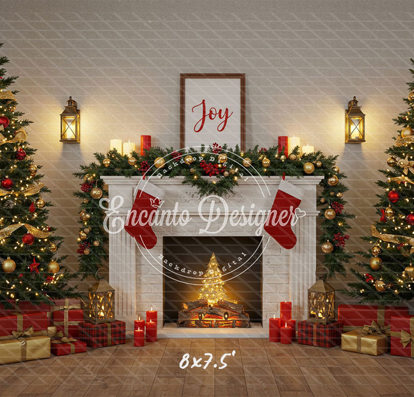 Luxury Fireplace Trees Gifts Christmas Backdrop - Layoris