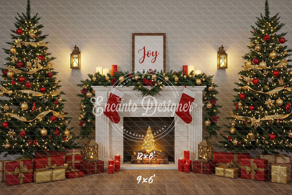 Luxury Fireplace Trees Gifts Christmas Backdrop - Layoris