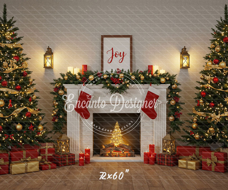Luxury Fireplace Trees Gifts Christmas Backdrop - Layoris