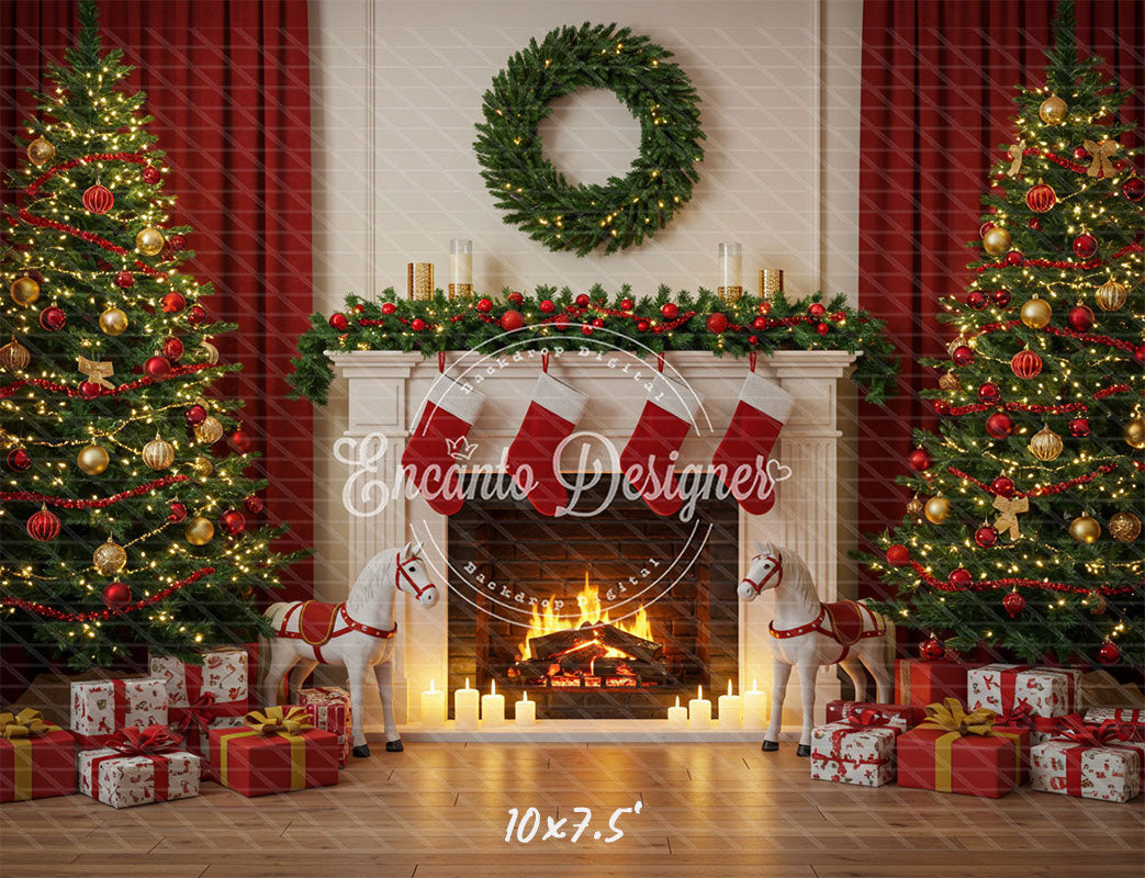 Cozy Fireplace Holiday Decor Scene Christmas Backdrop - Layoris