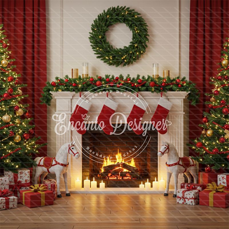 Cozy Fireplace Holiday Decor Scene Christmas Backdrop - Layoris