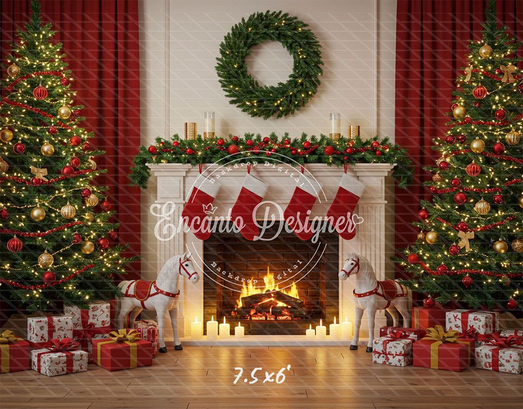 Cozy Fireplace Holiday Decor Scene Christmas Backdrop - Layoris