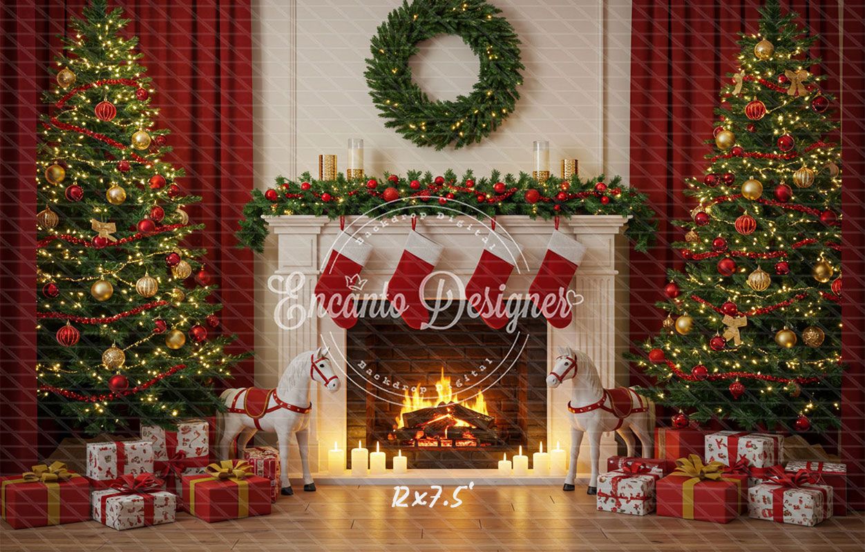 Cozy Fireplace Holiday Decor Scene Christmas Backdrop - Layoris