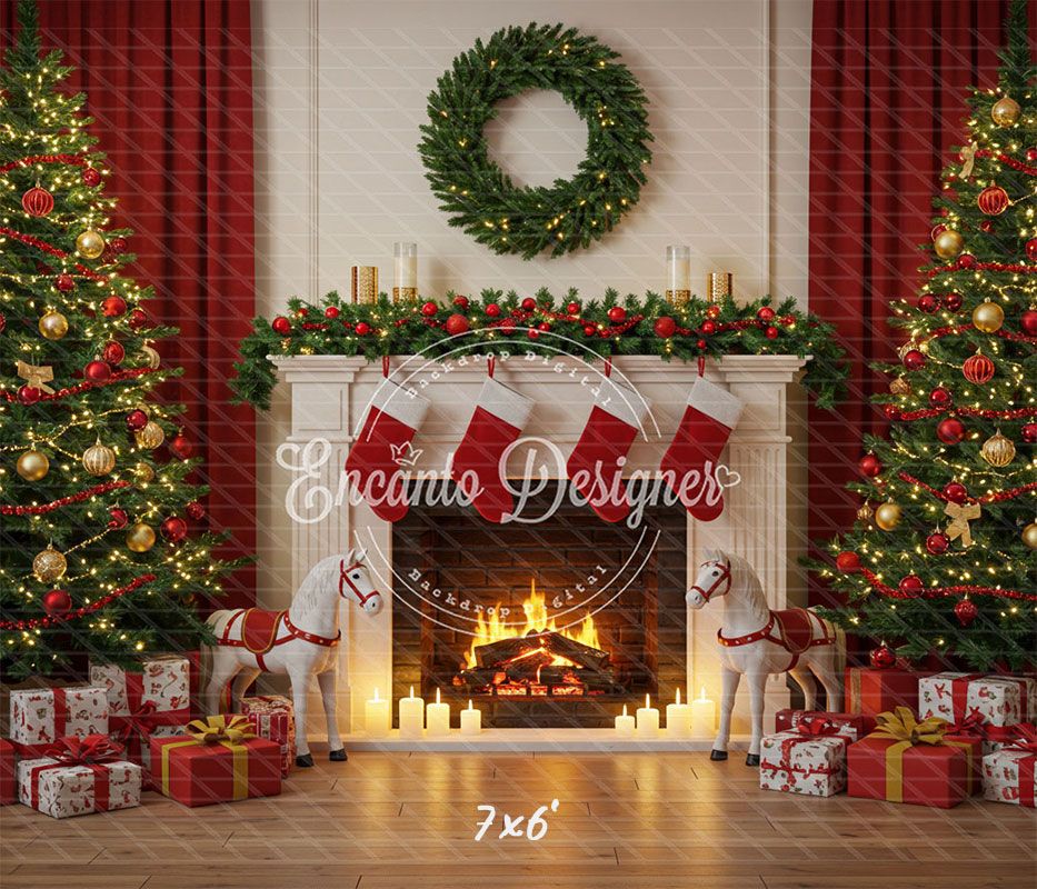 Cozy Fireplace Holiday Decor Scene Christmas Backdrop - Layoris