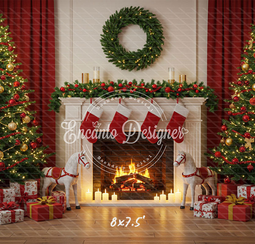Cozy Fireplace Holiday Decor Scene Christmas Backdrop - Layoris