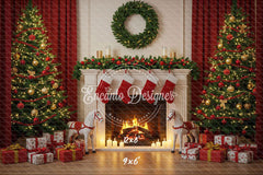 Cozy Fireplace Holiday Decor Scene Christmas Backdrop - Layoris