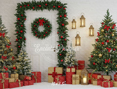 Door Garland Lantern Trees Gift Scene Christmas Backdrop - Layoris