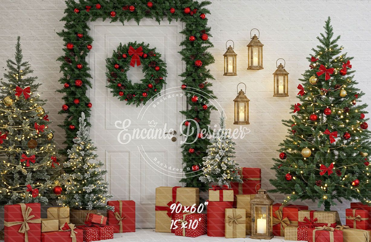 Door Garland Lantern Trees Gift Scene Christmas Backdrop - Layoris