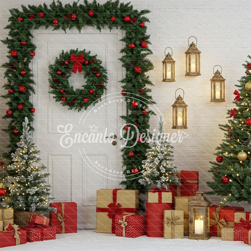 Door Garland Lantern Trees Gift Scene Christmas Backdrop - Layoris