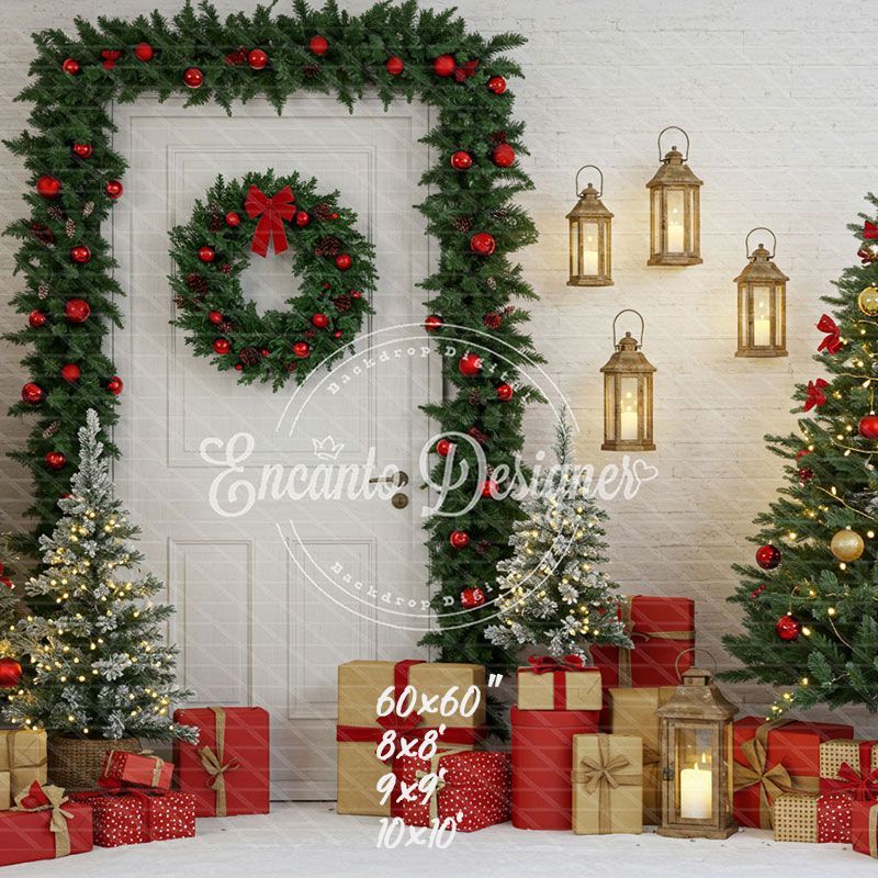 Door Garland Lantern Trees Gift Scene Christmas Backdrop - Layoris