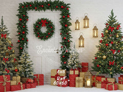 Door Garland Lantern Trees Gift Scene Christmas Backdrop - Layoris