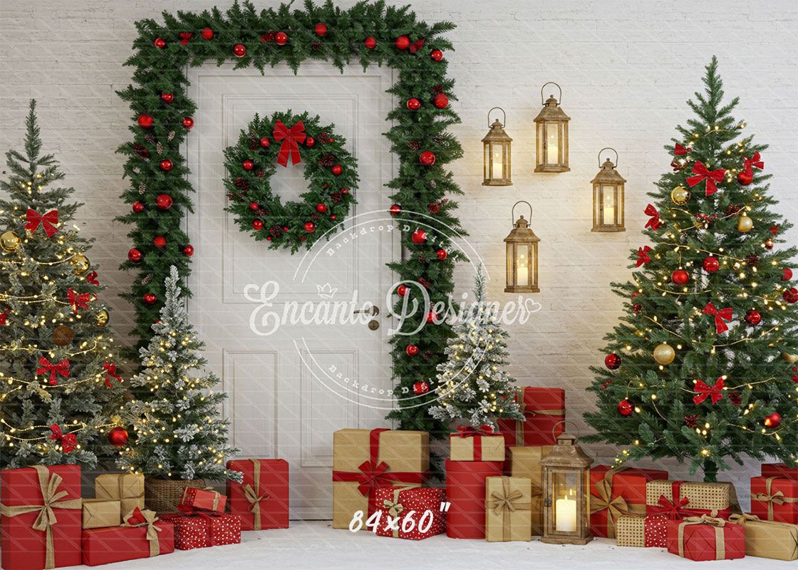 Door Garland Lantern Trees Gift Scene Christmas Backdrop - Layoris