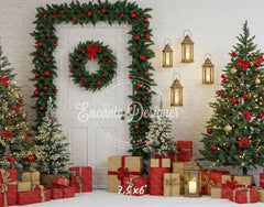 Door Garland Lantern Trees Gift Scene Christmas Backdrop - Layoris
