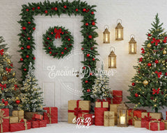 Door Garland Lantern Trees Gift Scene Christmas Backdrop - Layoris