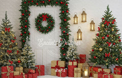 Door Garland Lantern Trees Gift Scene Christmas Backdrop - Layoris