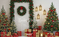 Door Garland Lantern Trees Gift Scene Christmas Backdrop - Layoris