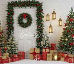 Door Garland Lantern Trees Gift Scene Christmas Backdrop - Layoris