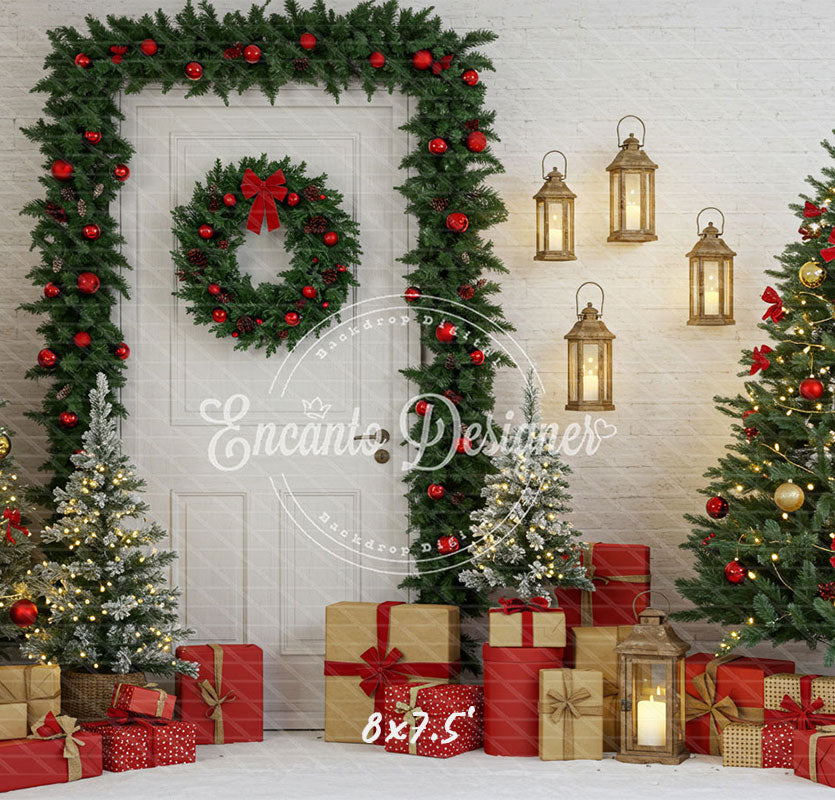 Door Garland Lantern Trees Gift Scene Christmas Backdrop - Layoris
