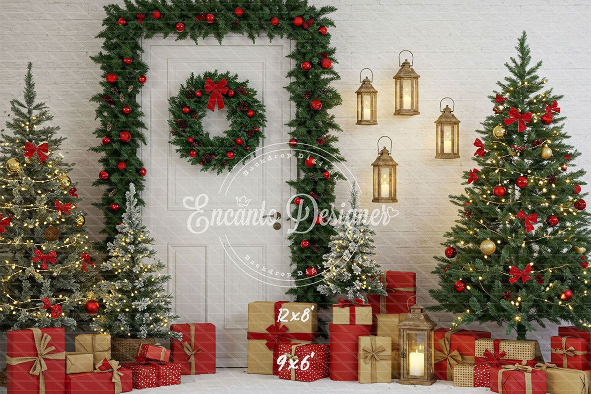 Door Garland Lantern Trees Gift Scene Christmas Backdrop - Layoris