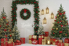 Door Garland Lantern Trees Gift Scene Christmas Backdrop - Layoris