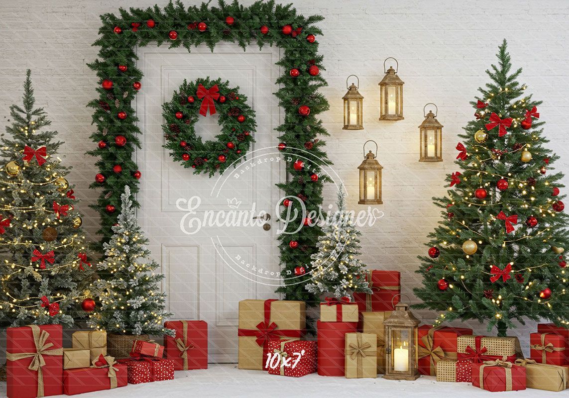 Door Garland Lantern Trees Gift Scene Christmas Backdrop - Layoris
