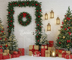 Door Garland Lantern Trees Gift Scene Christmas Backdrop - Layoris