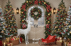 Arch Wreath Reindeer Sleigh Trees Gifts Christmas Backdrop - Layoris