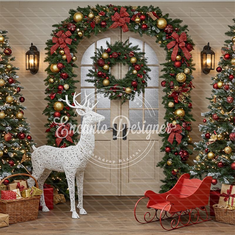 Arch Wreath Reindeer Sleigh Trees Gifts Christmas Backdrop - Layoris