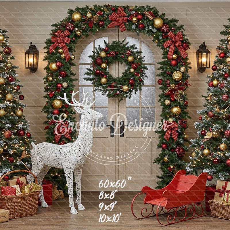 Arch Wreath Reindeer Sleigh Trees Gifts Christmas Backdrop - Layoris