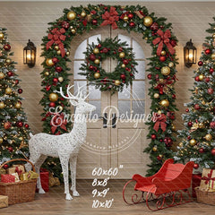 Arch Wreath Reindeer Sleigh Trees Gifts Christmas Backdrop - Layoris