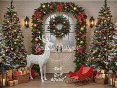 Arch Wreath Reindeer Sleigh Trees Gifts Christmas Backdrop - Layoris